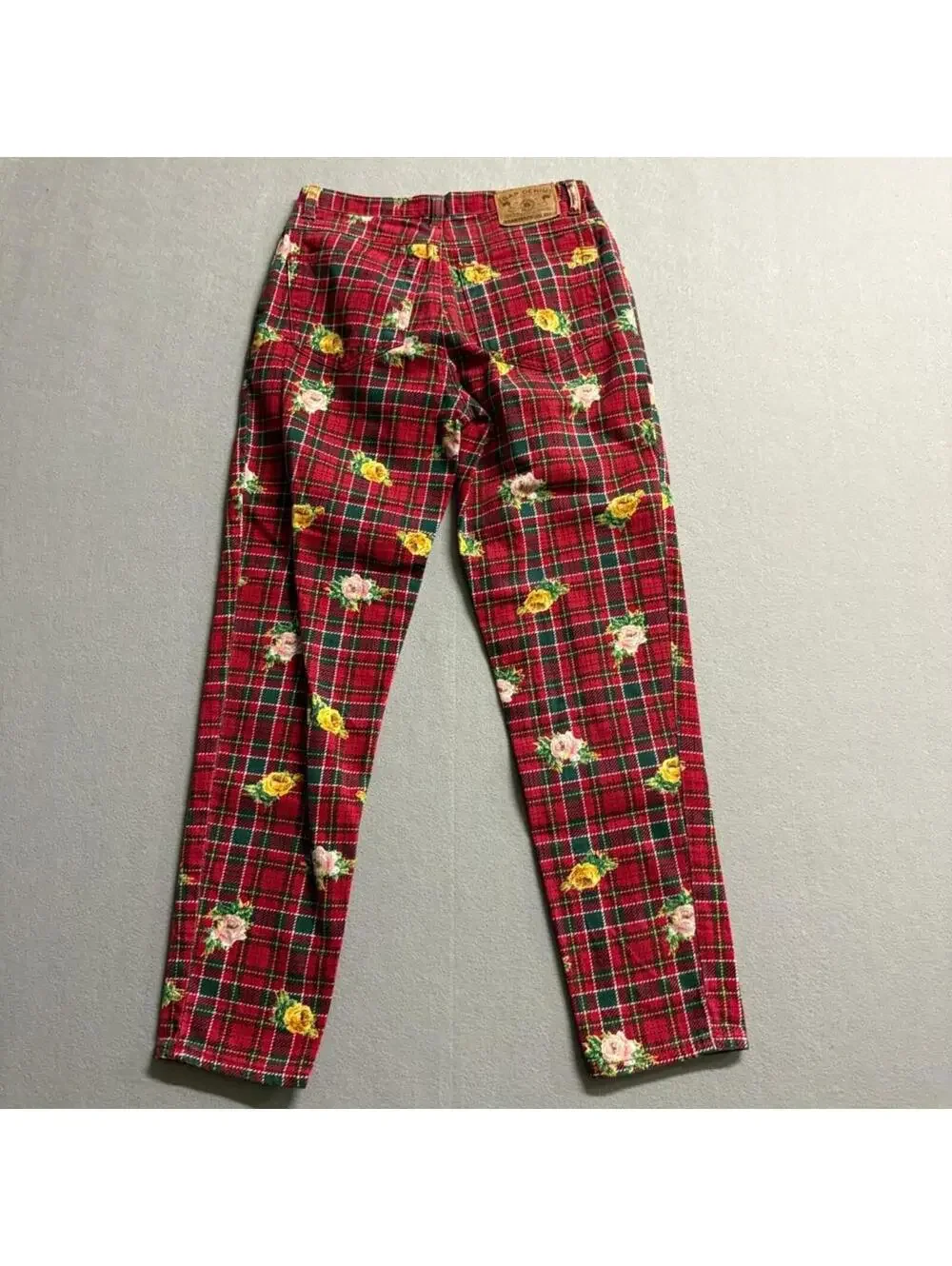 Vintage Gap Denim Plaid Floral Jeans Womens 26 Red Tartan Rose Print 90s - Picture 9 of 11